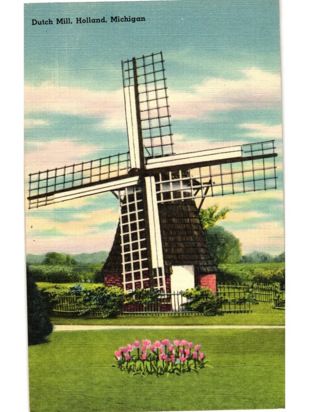 Dutch Mill Holland Michigan Linen Postcard Tulips Windmill Scene L.L. Cook Co.